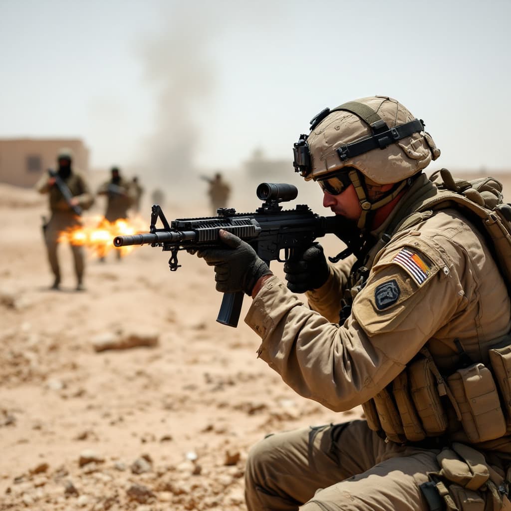 AI generated: A US Marine in Iraq, firing a machine gun against al quaeda terrorists 