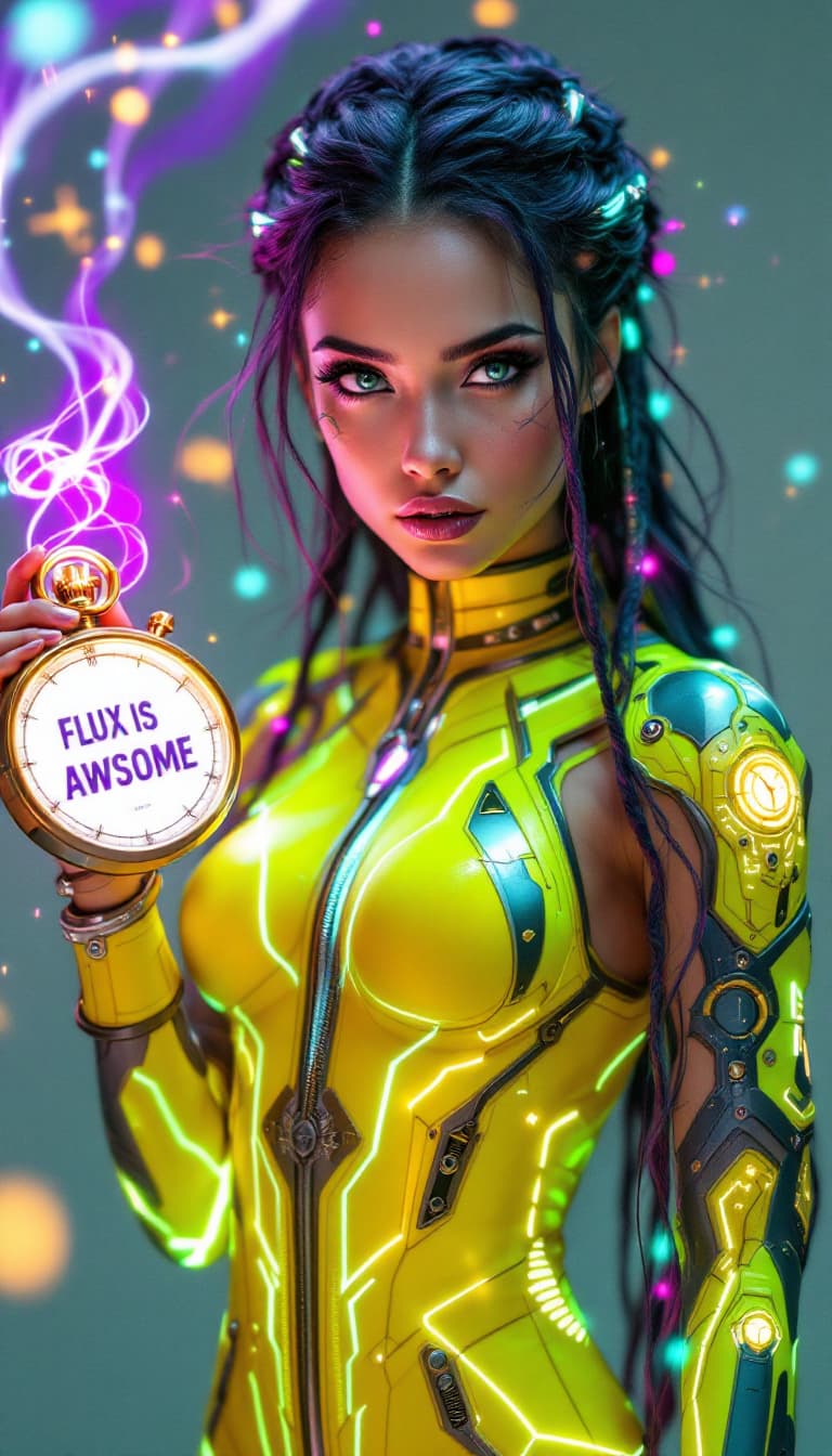AI generated: An ultra-realistic, full-body action shot of a mesmerizing chartreuse time traveler, exuding mystery...