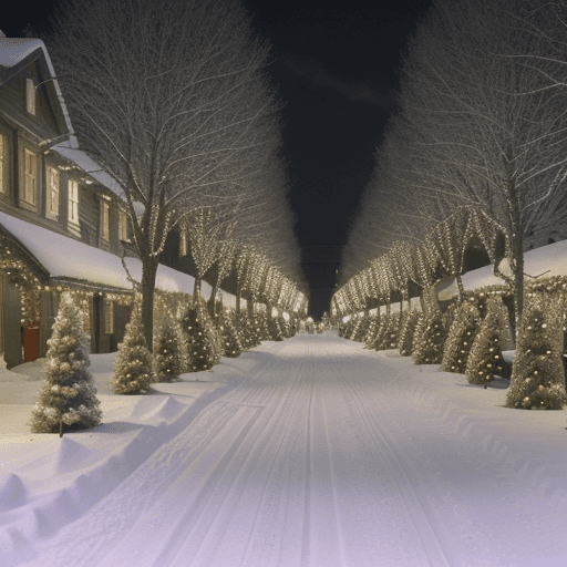 AI generated: a street lined with christmas trees along with snow, in the style of old-world charm, dreamy and rom...