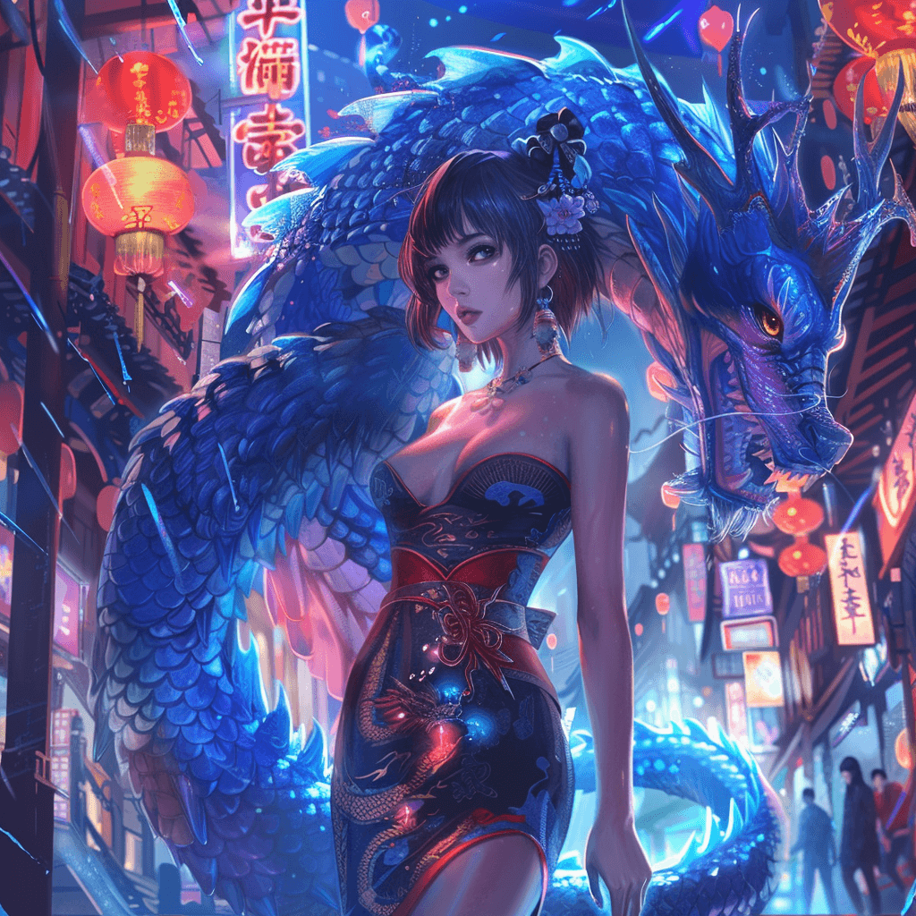 AI generated: A Chinese dragon, full body, a woman in a black and red dress with short hair standing next to the b...
