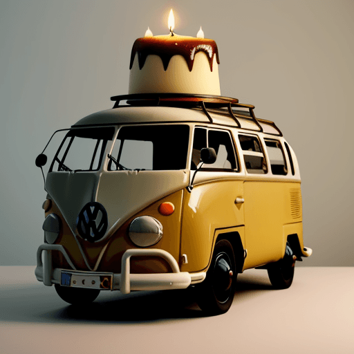 AI generated: a pudding in the shape of an old volkswagen bulli, candles sticking in on the top