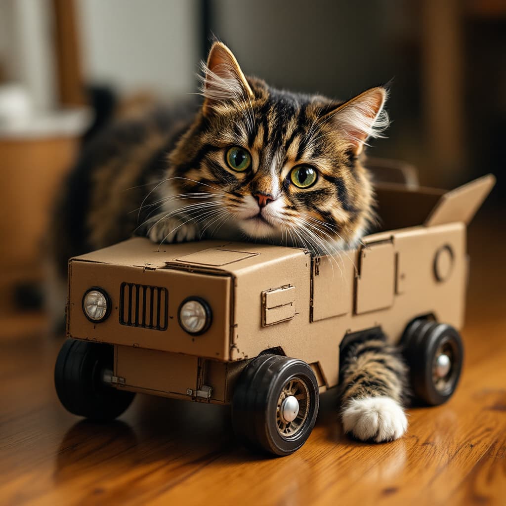 AI generated: make me an image of a cat making a cardboardcar
