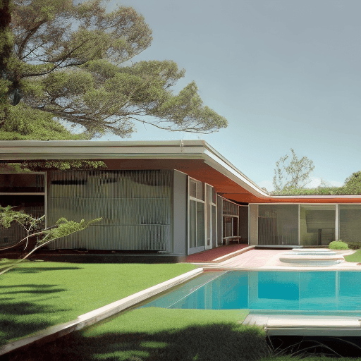 AI generated: Hyper realistic eye level exterior photo of a mid century modern style house overlooking the ocean, ...