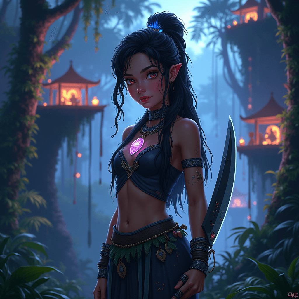 AI generated: young female scout named Nia Kaelen stands poised in a dense, glowing jungle at twilight. She wears ...