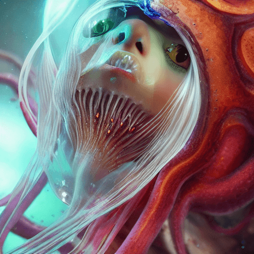 AI generated: Goddess close-up portrait ribcagel. jellyfish phoenix head, nautilus, orchid, skull, betta fish, bio...