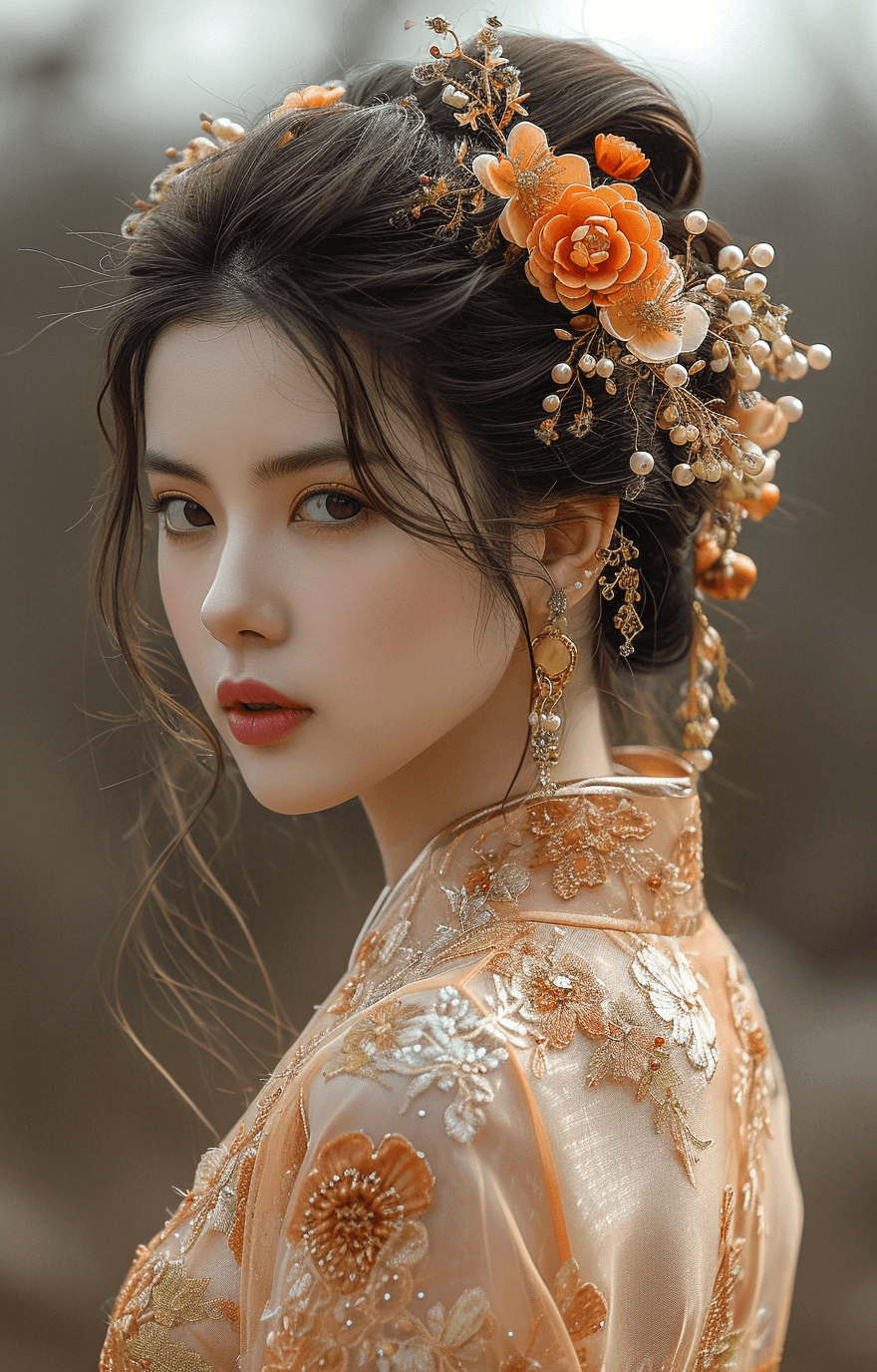 AI generated: chinese imperial bride hair accessories, in the style of golden hues, cinematic elegance, light oran...