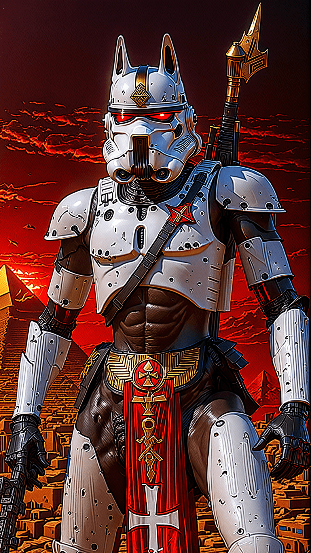 AI generated: portrait the egyptian male anubis, cyberpunk, black, pyramid, hyperdetailed eyes, hyperrealism extre...