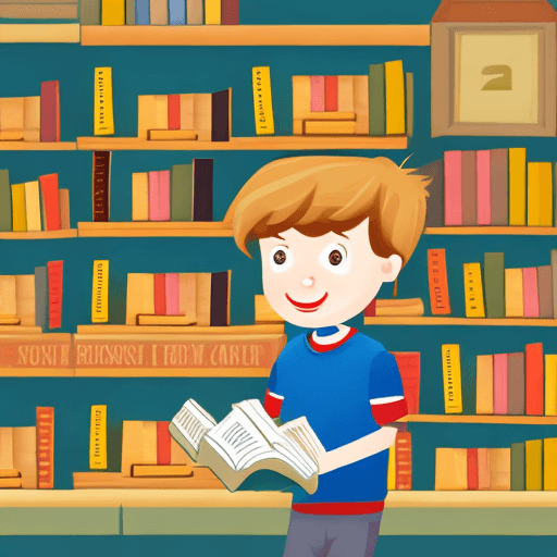 AI generated: Illustration of a boy in a bookstore buying a book
