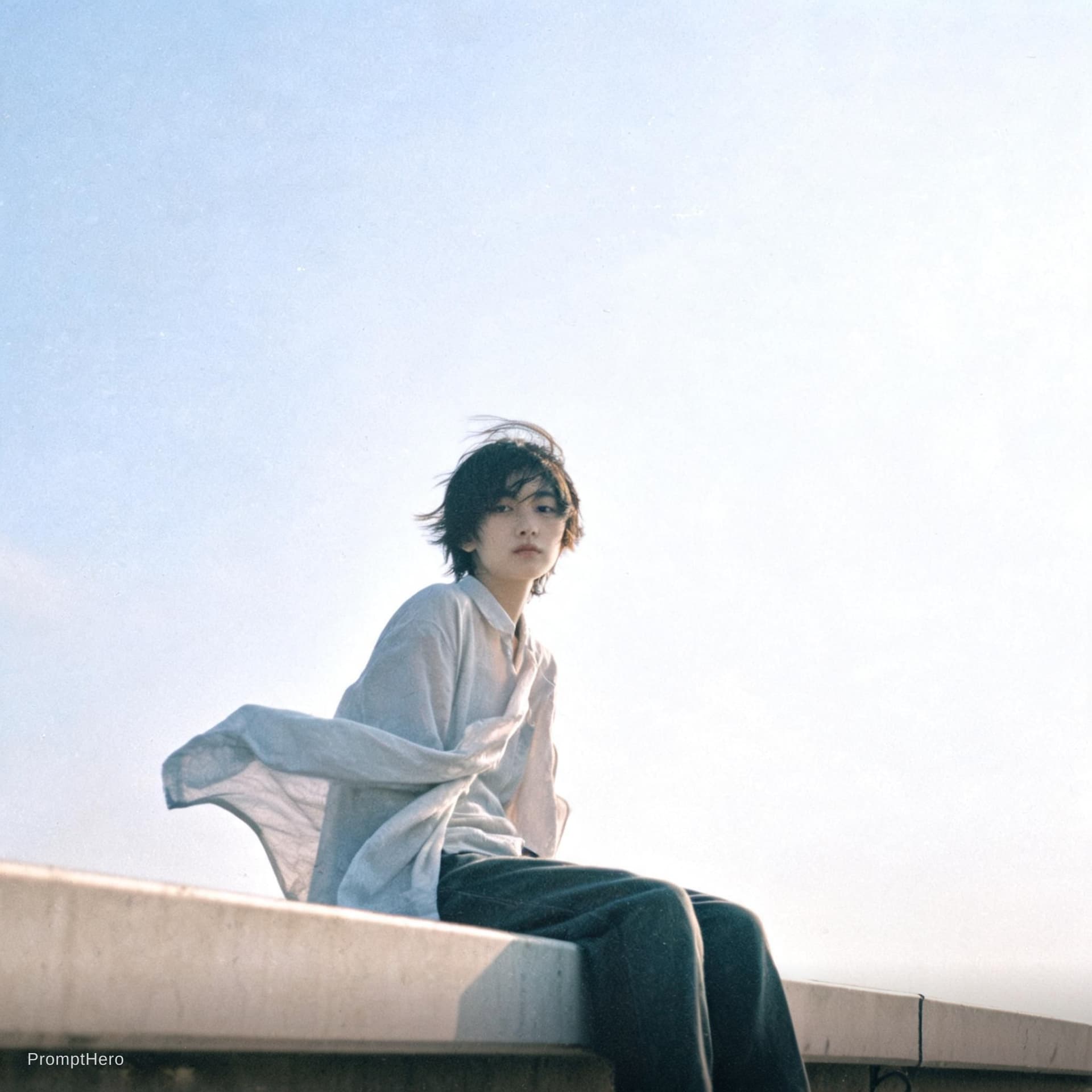 AI generated: Japanese negative film aesthetic, rooftop summer scene, soft natural sunlight, slight overexposure h...