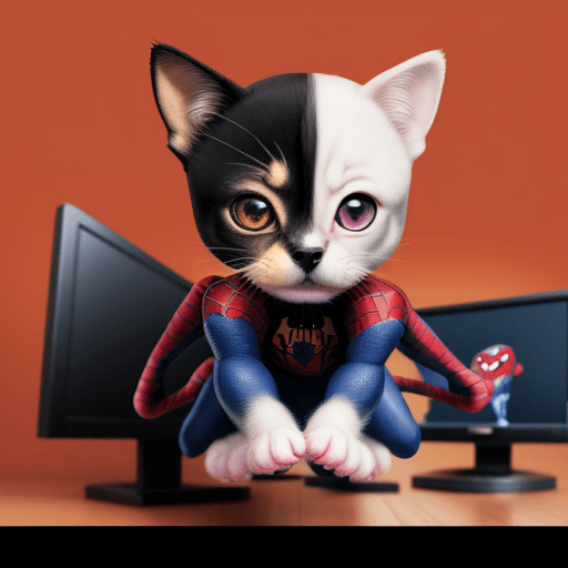 AI generated: Puppy cat with costum spiderman elegant computer geek, chibi and real style, masterpiece, realistic ...