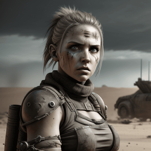 AI generated: Post apocalyptic female warrior, survivor, mad max style, photo realistic, battle background, lookin...