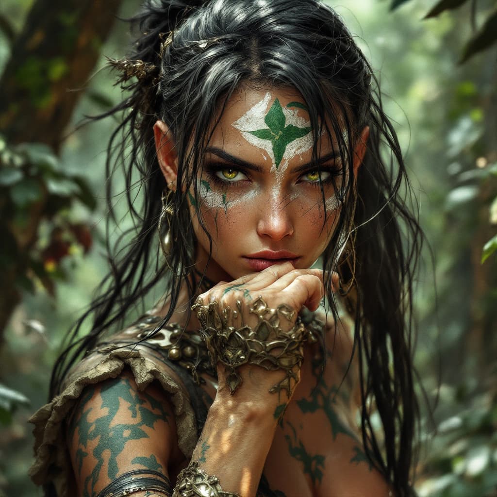 AI generated: Ghibli, A fierce anime female warrior in an enchanted forest. Wild tribe female, tanned, green and w...