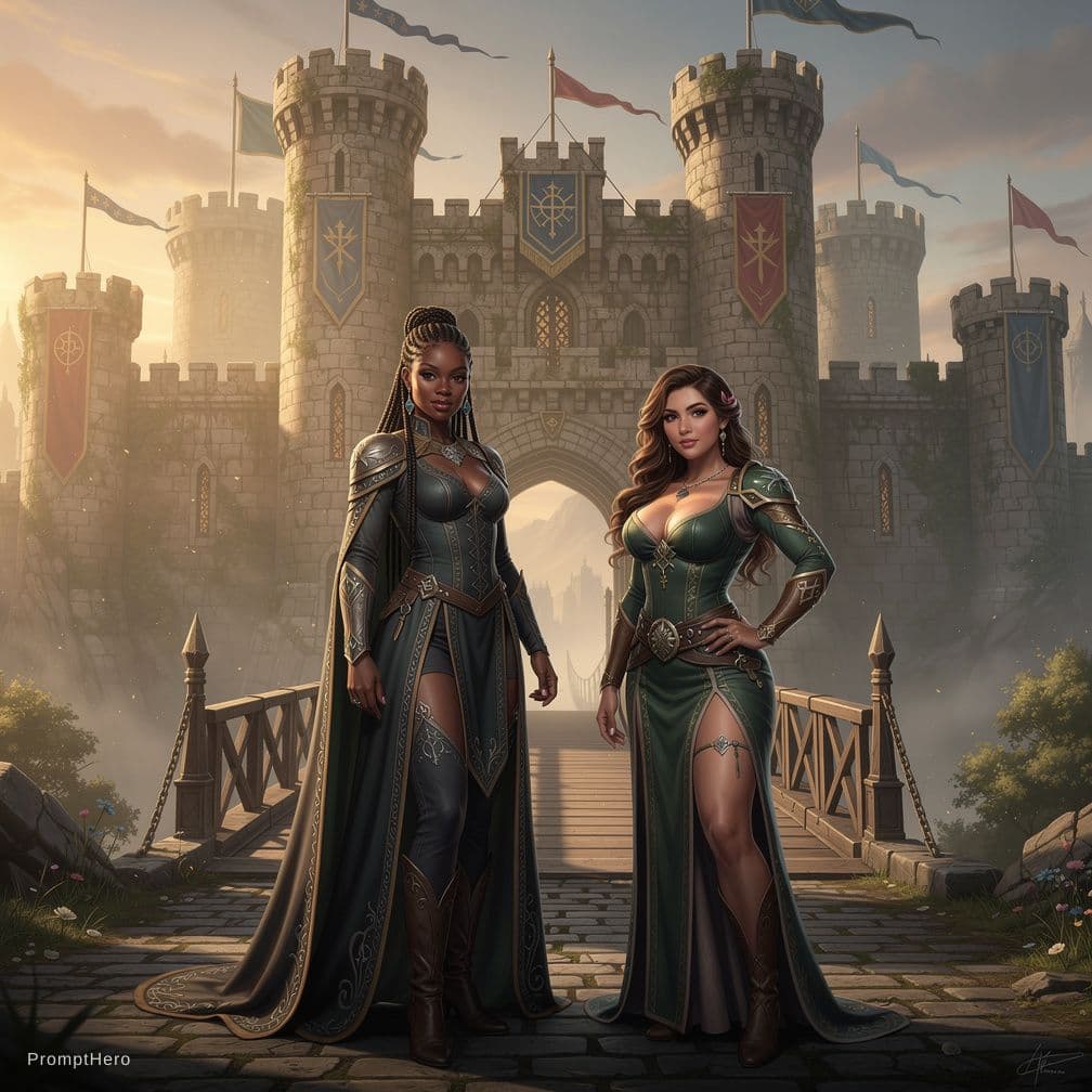 AI generated:  Medieval world ((medieval castle)), ((front view)), very beautifulblack African milf, ((beautiful c...