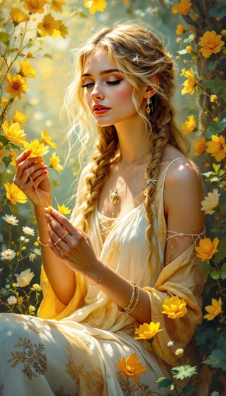 AI generated: "Golden Weaver in a Luminous Garden": A captivating abstract painting features a weaver, exuding bot...