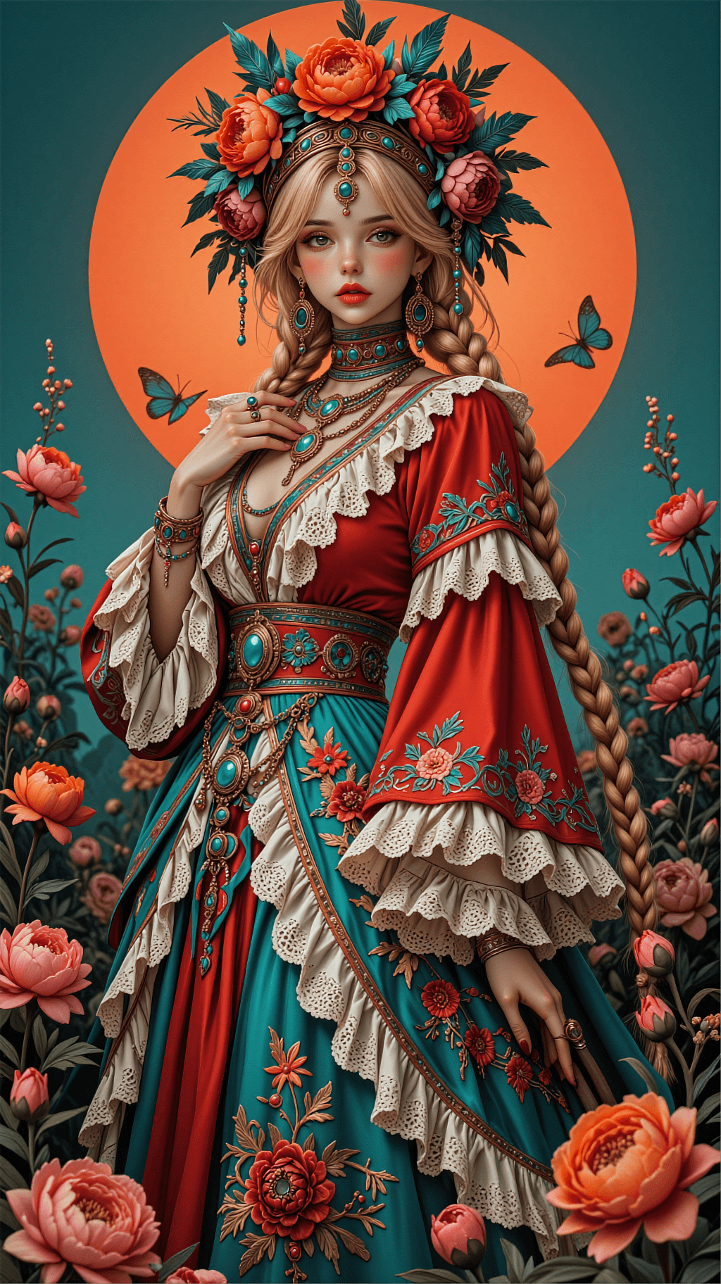 AI generated: A vertical anime-style masterpiece illustration of a beautiful blonde girl in ornate folk-fantasy at...