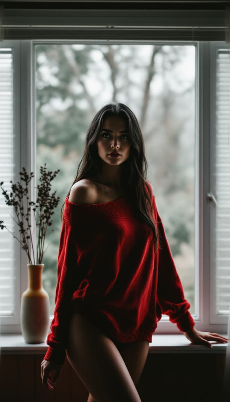 AI generated: A 35 years old woman with long dark hair and a serious expression stands in front of a window, weari...