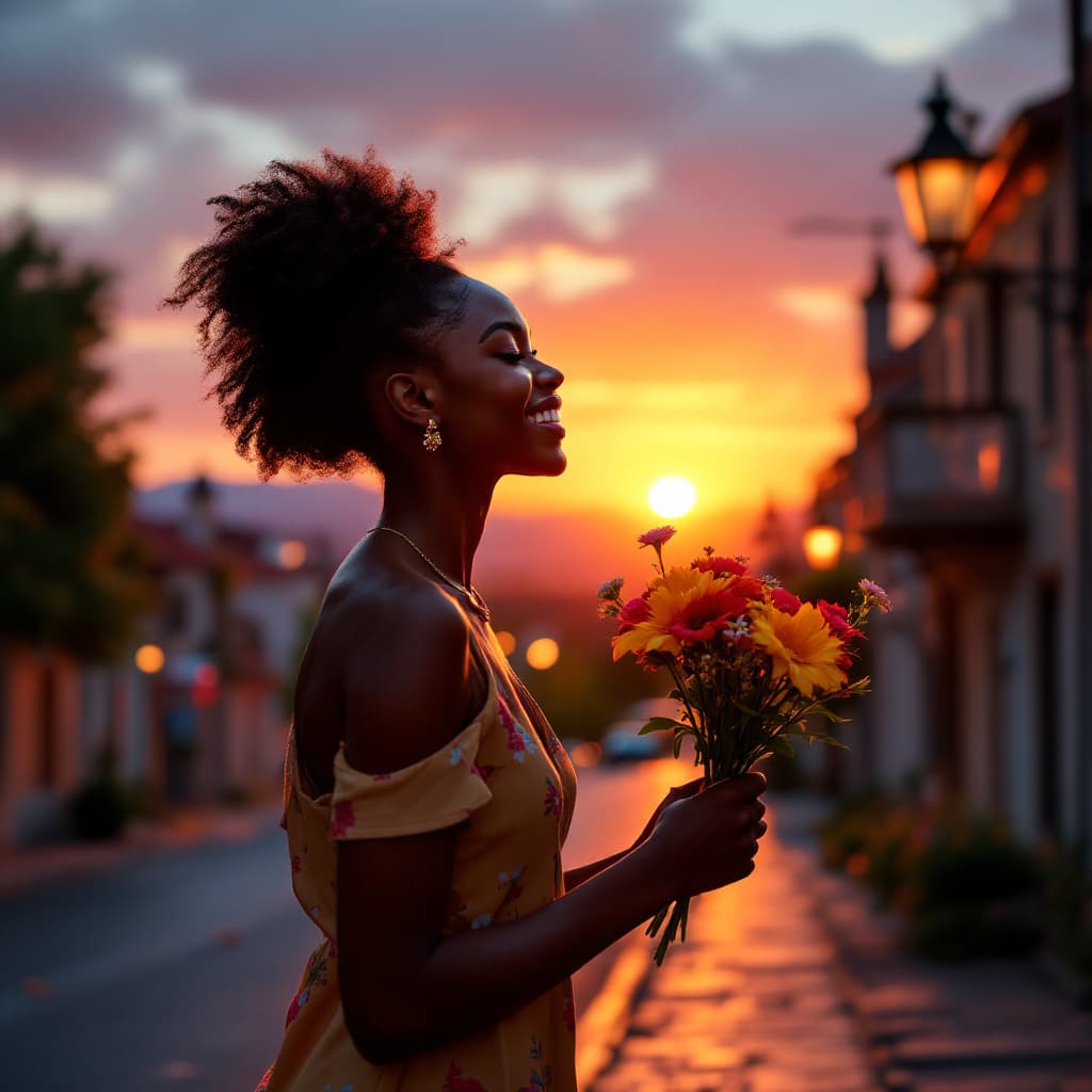AI generated: a happy young african lady receiving flowers on val eve in a cubberstone street backing the city, wh...