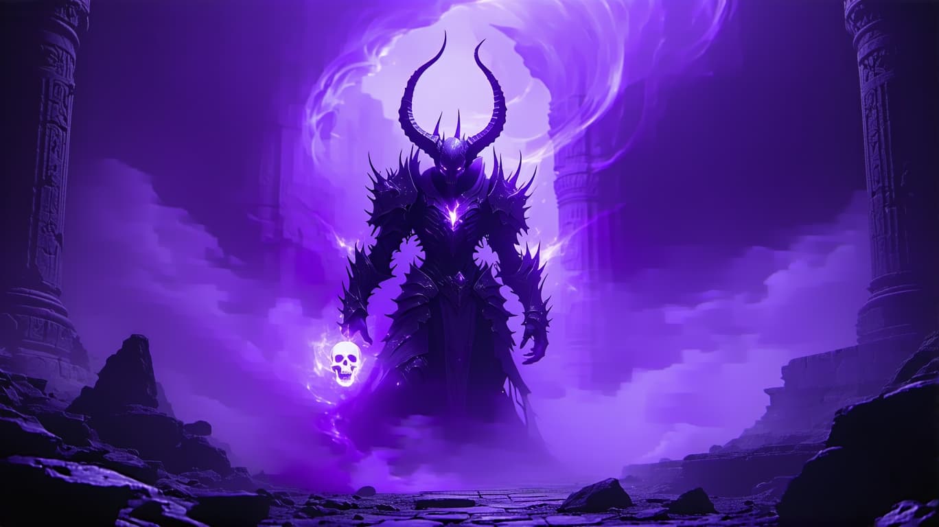 AI generated: In a shadowy, otherworldly realm, a towering figure emerges, shrouded in swirling purple mist that b...
