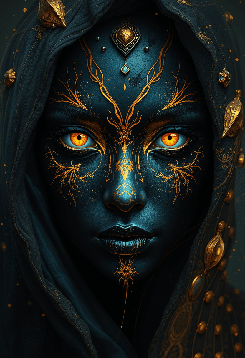 AI generated: Black and gold, a black face with yellow eyes,digital art style.--v 7