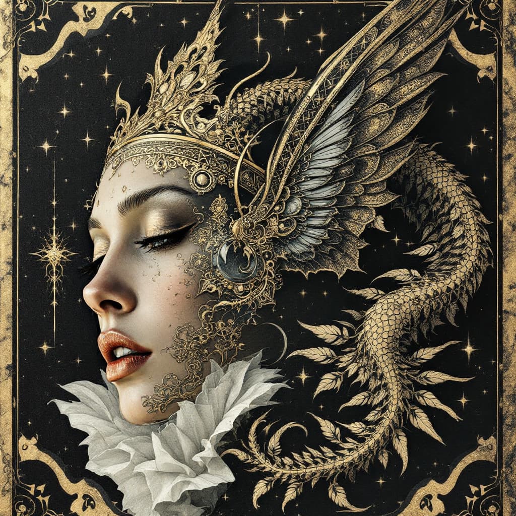 AI generated: the cover of the book 'black', in the style of intricate collage, dark gold and white, ancient art, ...