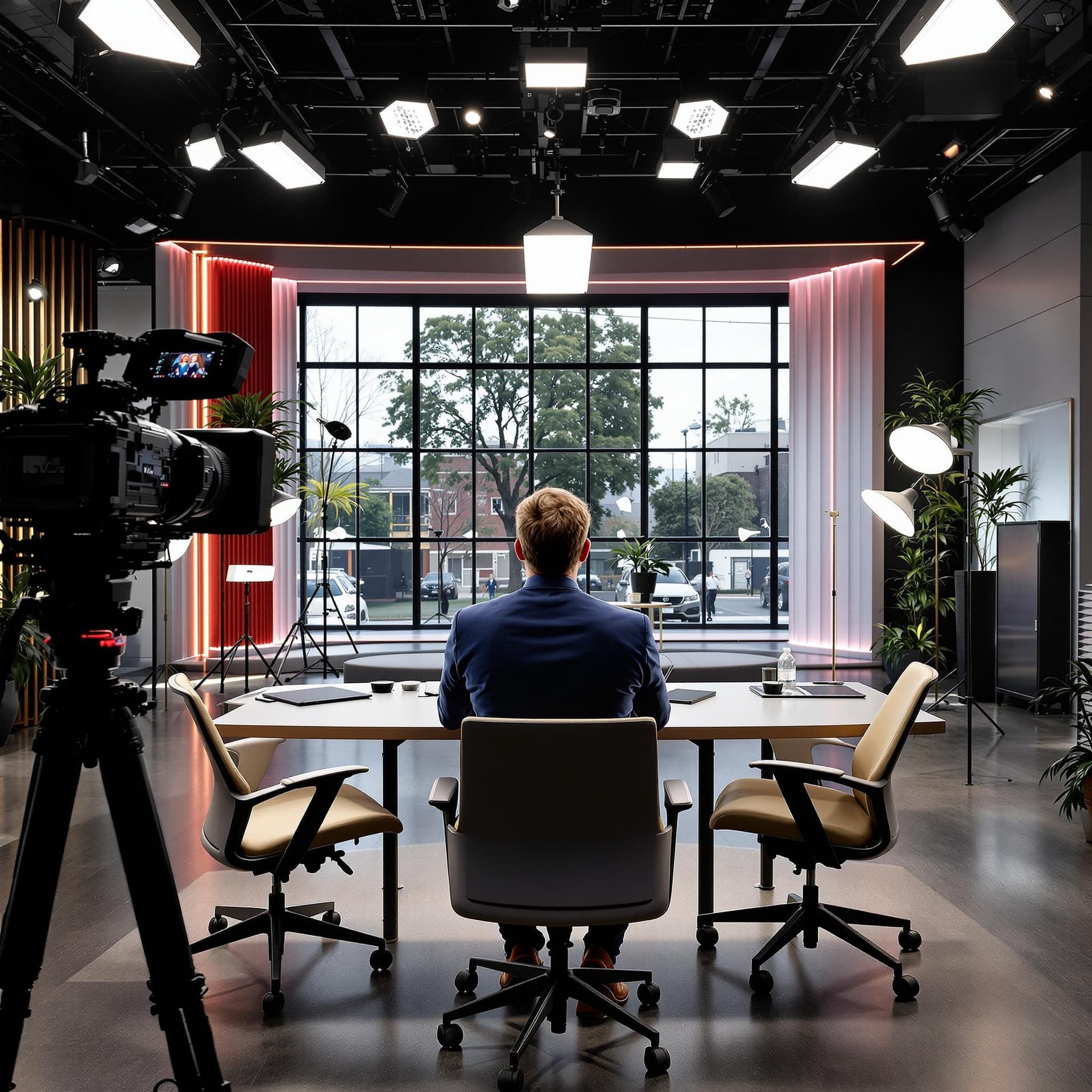 AI generated: 
a presenter at a table facing the camera, a spacious TV studio with a frontal view, Herman Miller A...