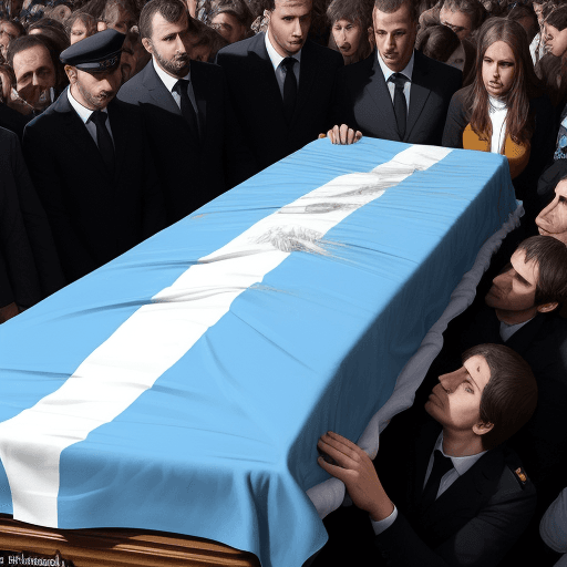 AI generated: in a coffin, is laying the argentinian flag, with people around crying his lost