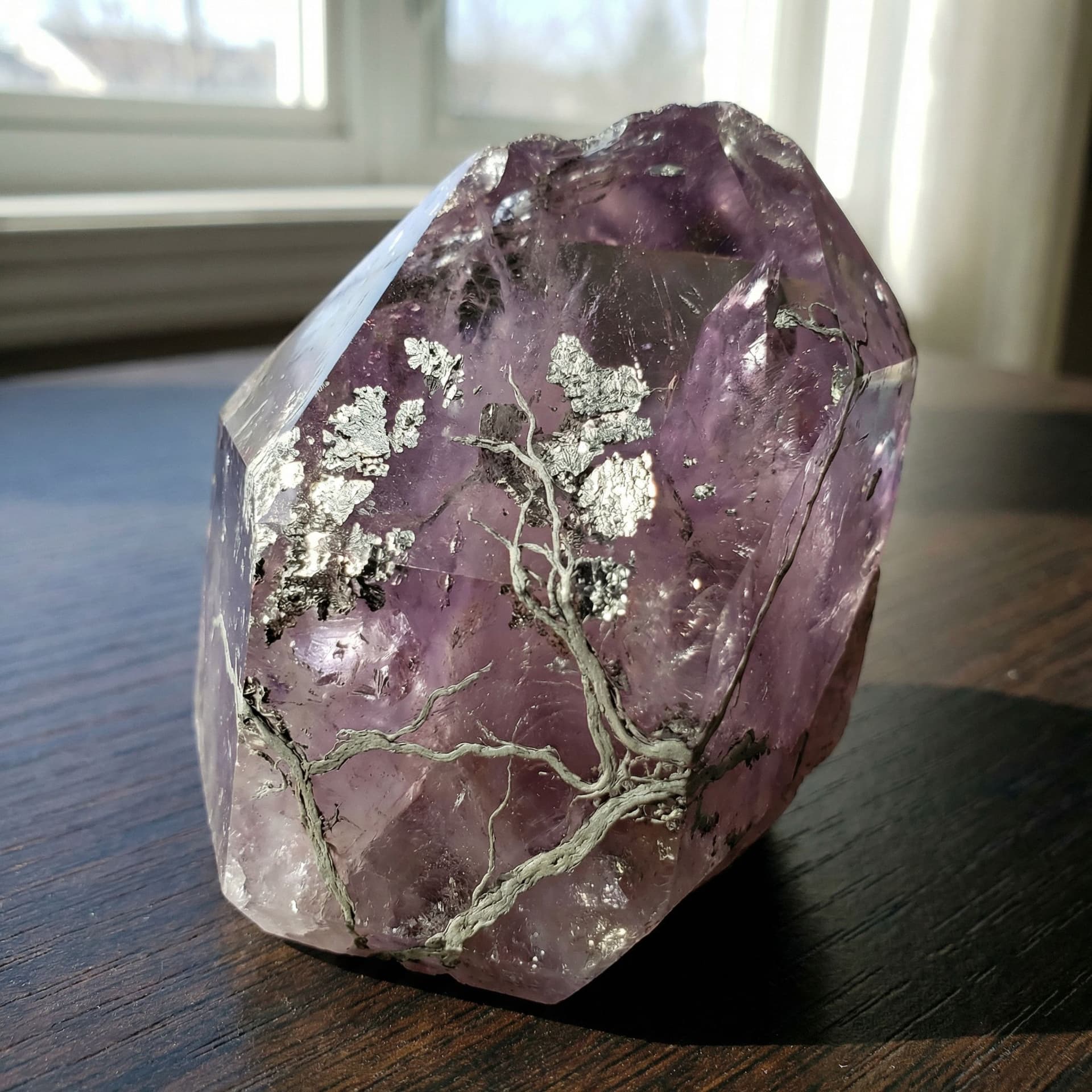 AI generated: A clear crystal with a purple tint and flakes of silver in it and veins that look like platinum