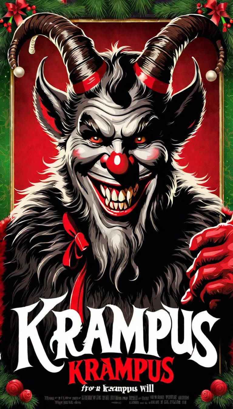 AI generated: A theatre poster of Krampus from the 2015 horror comedy film with the text 'Krampus' and a nice smil...