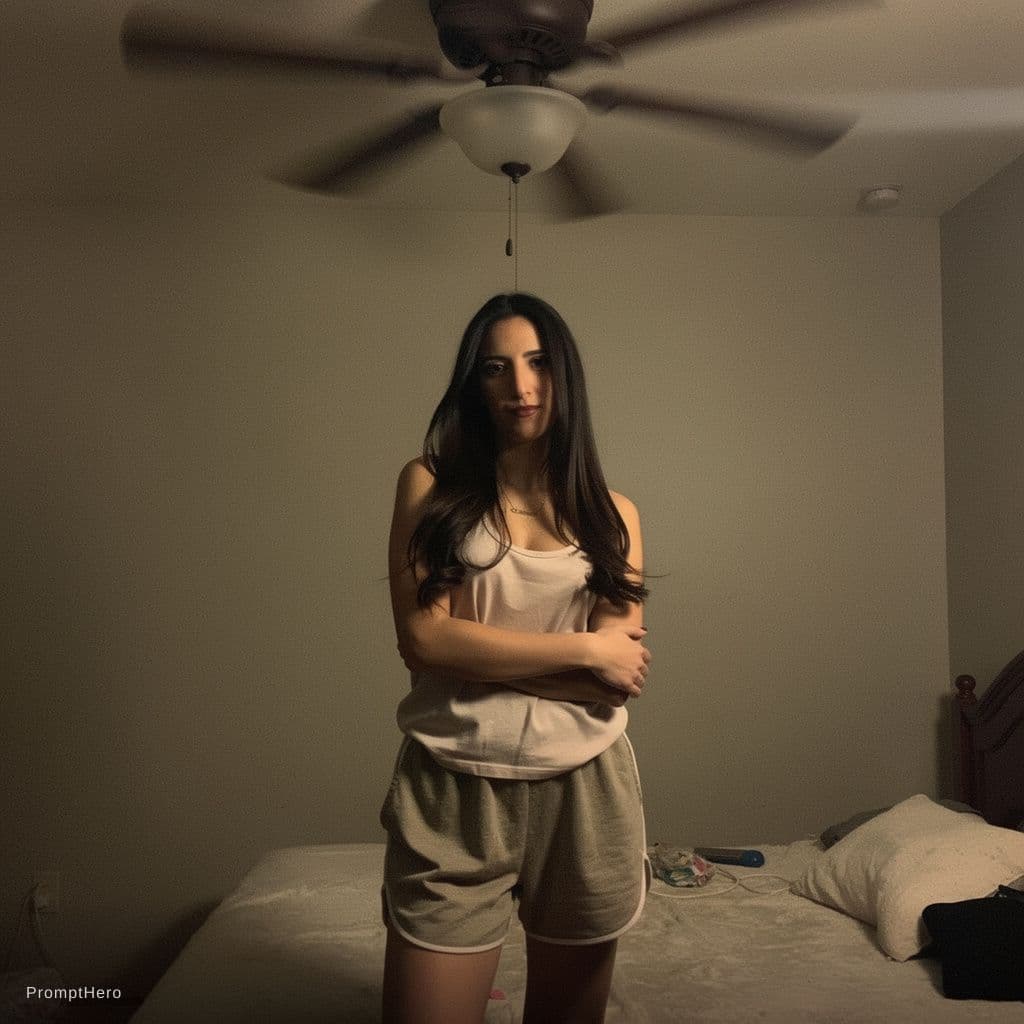 AI generated: A candid documentary style image captures a woman standing beneath a slow ceiling fan, heat hanging ...