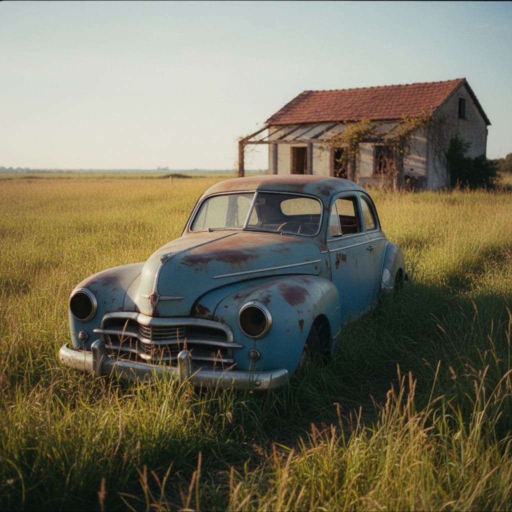 AI generated: A realistic Eastman Kodak 5294 photo of vintage, rusted blue car, positioned prominently in an overg...