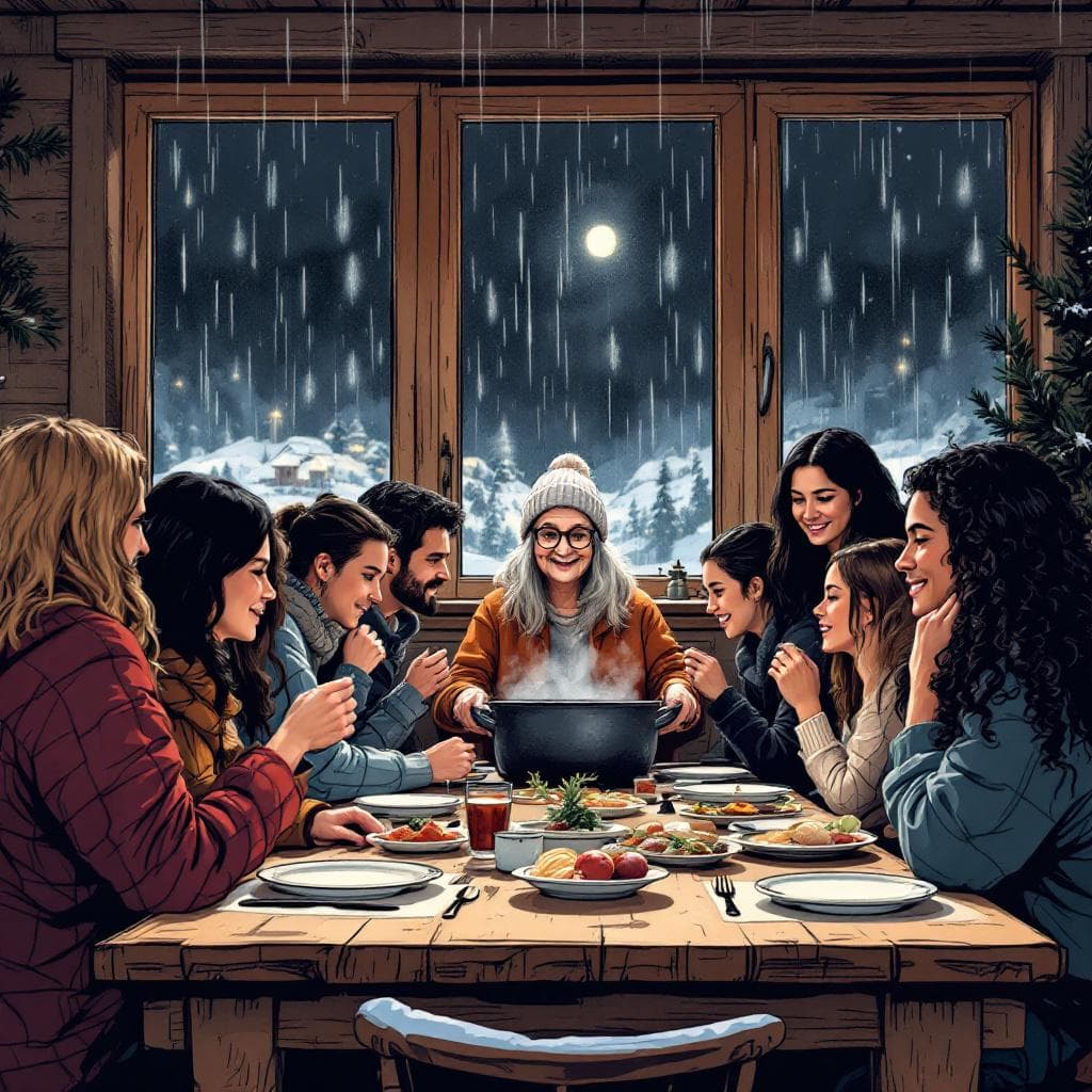 AI generated: *"A cozy winter dinner scene: 18 people (7 men, 11 women) seated around a large rustic wooden dining...