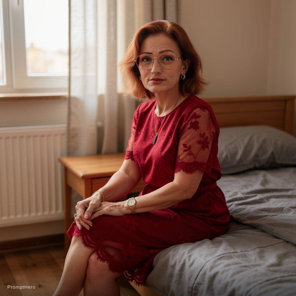 AI generated: A woman with vibrant, flowing auburn hair is seated on the edge of a bed in a softly lit room. She w...