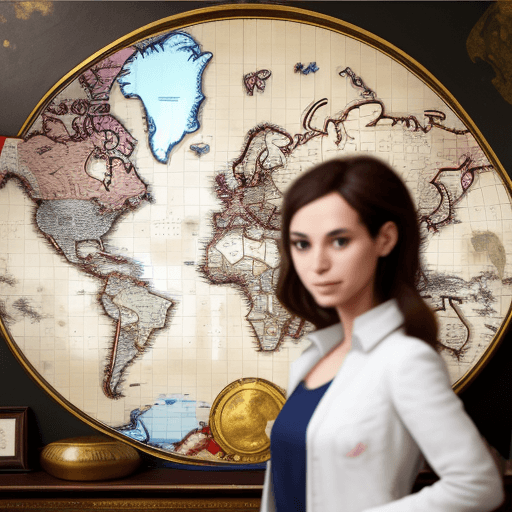 AI generated: a  world map in the background and in the foreground one french women 