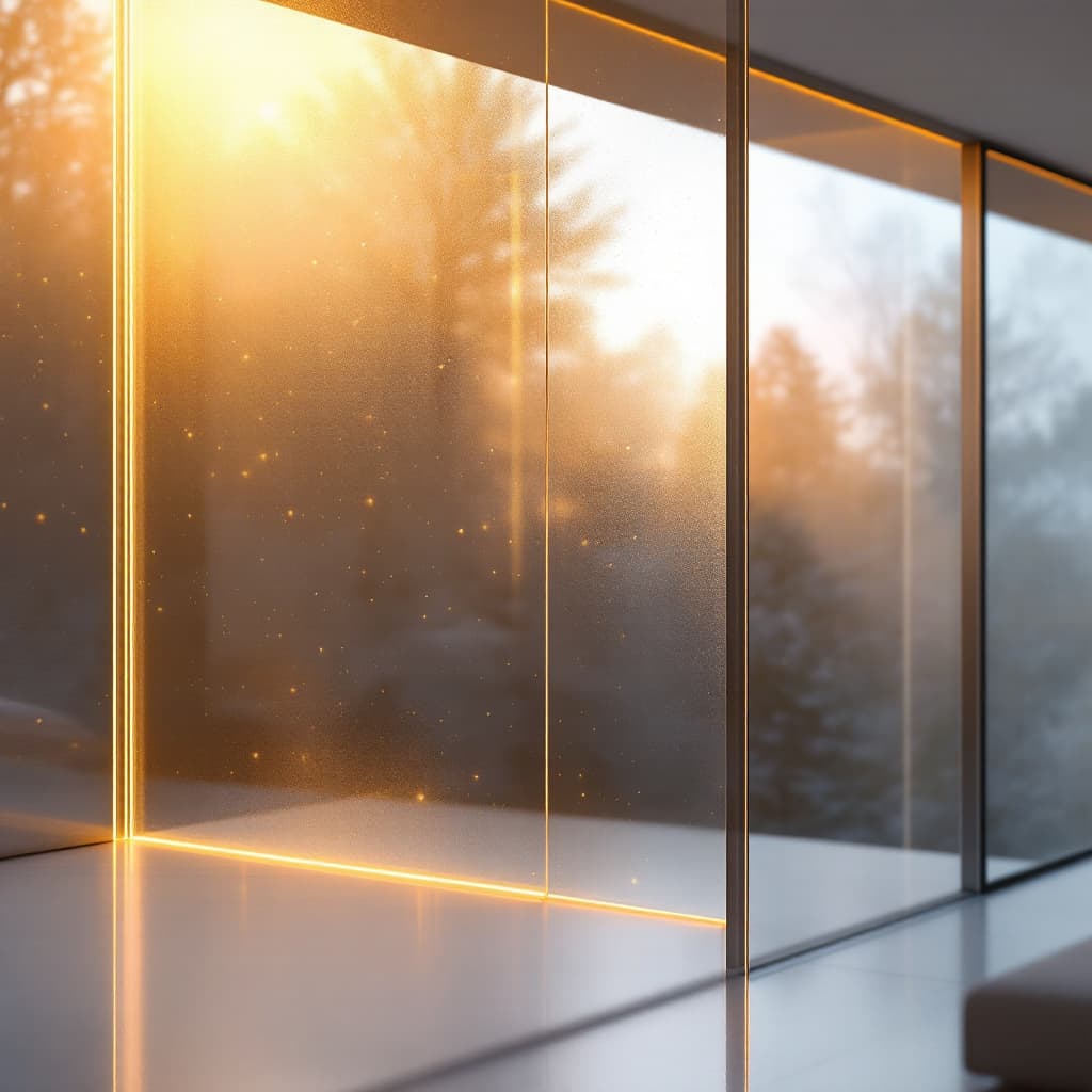 AI generated: Help me design a picture of glass insulation film. The scene is a large floor-to-ceiling window, and...