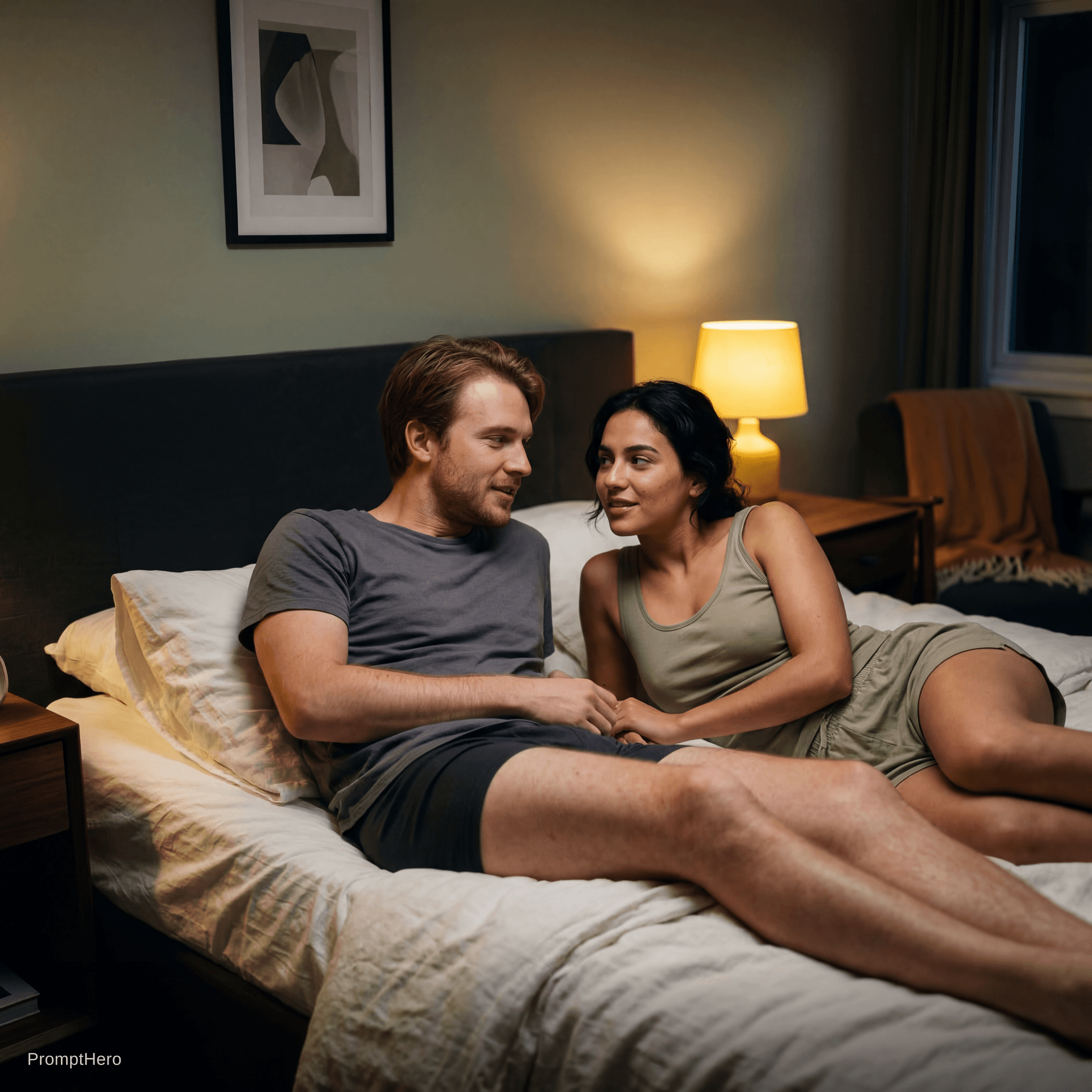 AI generated: Ultra realistic 8K cinematic scene of a young couple lying relaxed on a cozy bed in a softly lit bed...