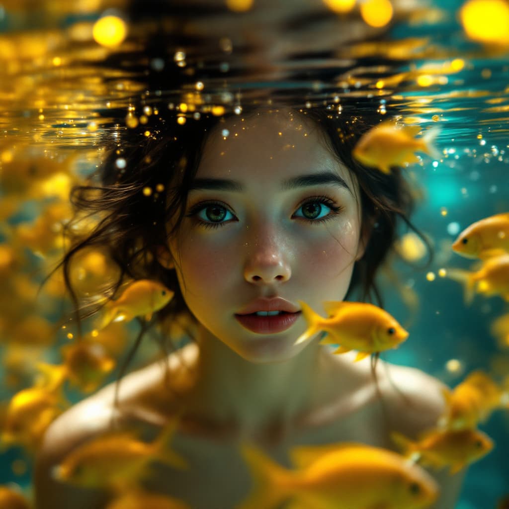 AI generated: hyper realistic photograph of a girl underwater with school golden fish around, closeup shot dreamy ...
