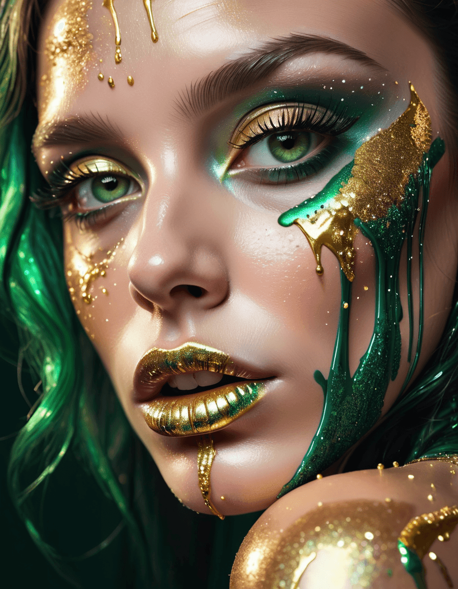 AI generated: digital painting, closeup macro shot, high contrast, closeup of a woman's face, iridescent, heavy ma...