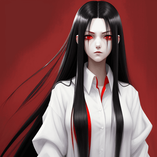 AI generated: female, long black hair and red eyes, wearing oversized white shirt, red female woman with long blac...