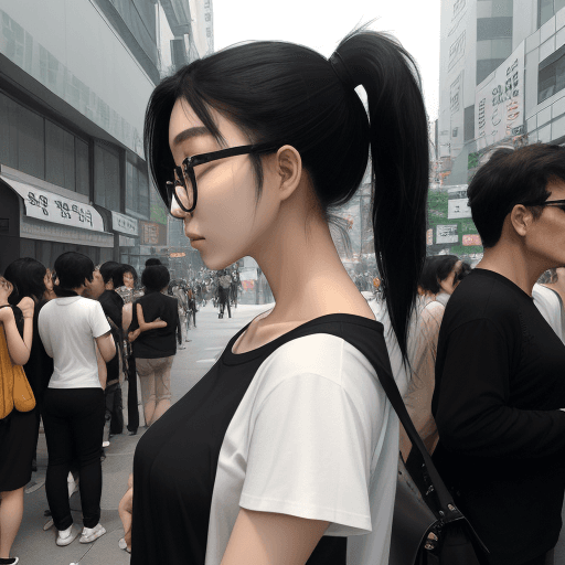 AI generated: photography, side view, upper-body, portray an innocent professional korean woman model standing aga...