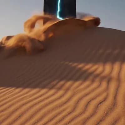 AI generated video: Prompt: Cinematic macro shot of a desert sand dune. A strong gust of wind blows away the top layer o...