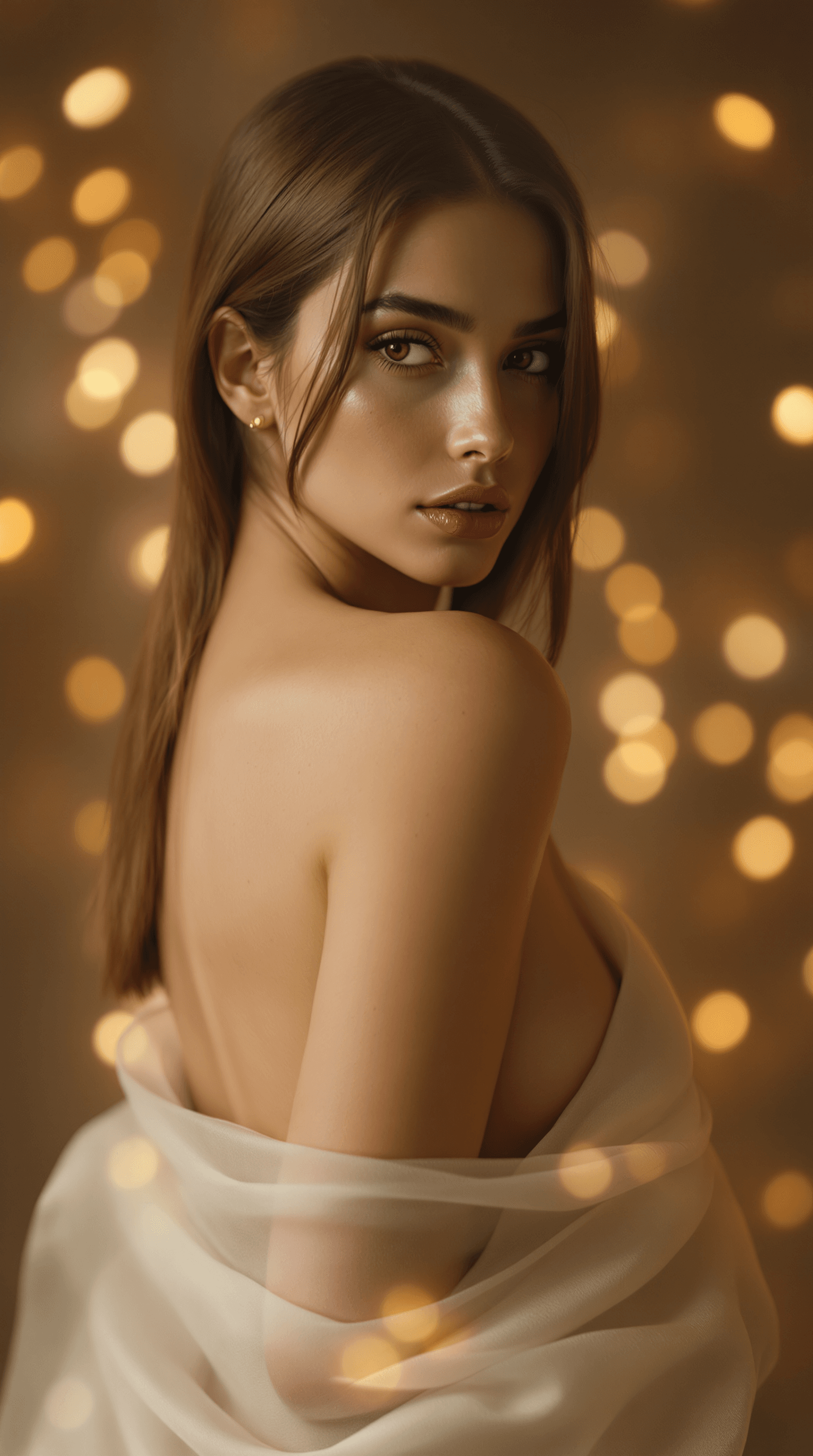 AI generated: A dramatic, minimalist portrait of a woman wrapped in a delicate, translucent white fabric, her back...