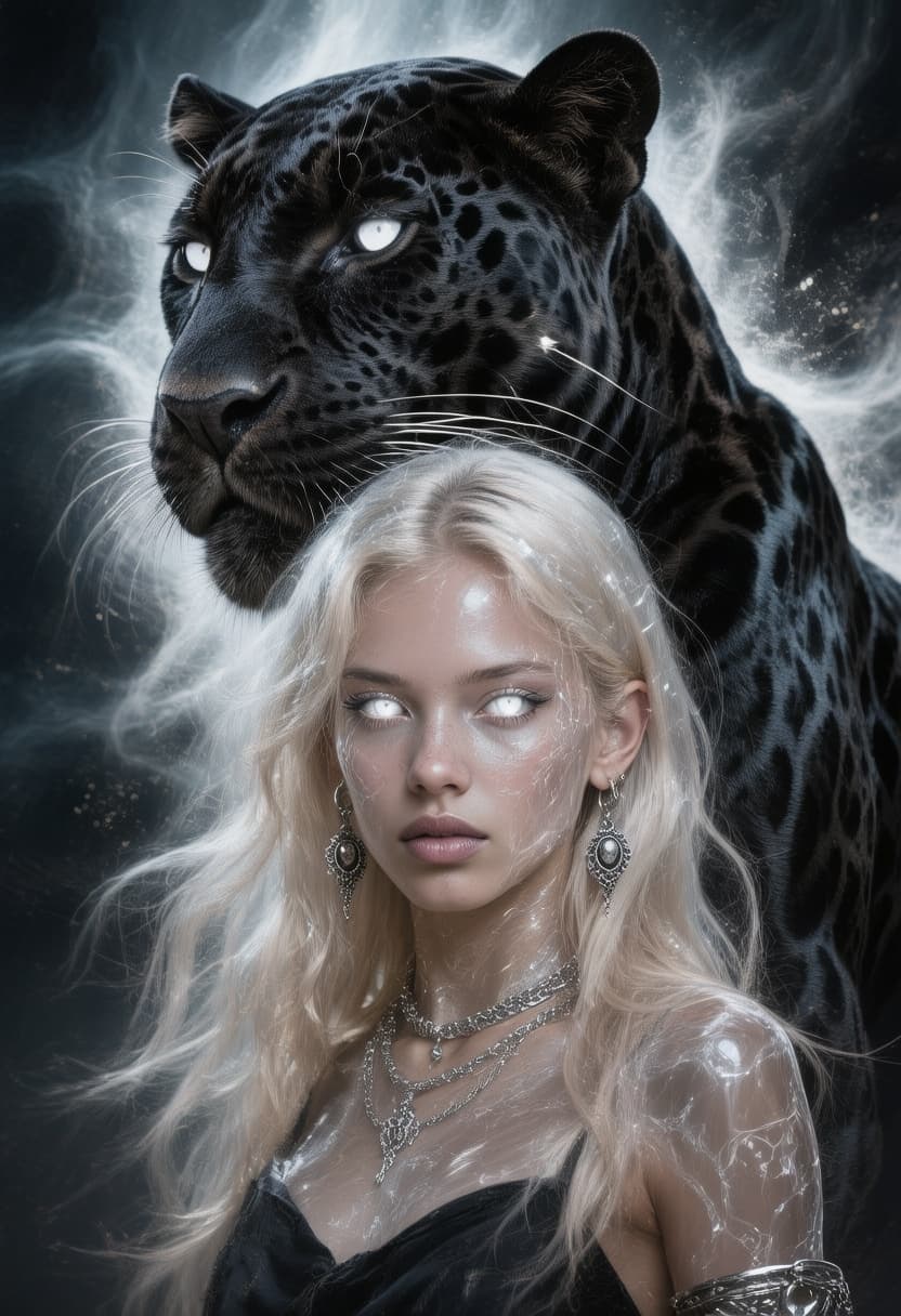 AI generated: a striking portrait of this girl with glowing eyes posing next to a hyper realistic black jaguar. it...