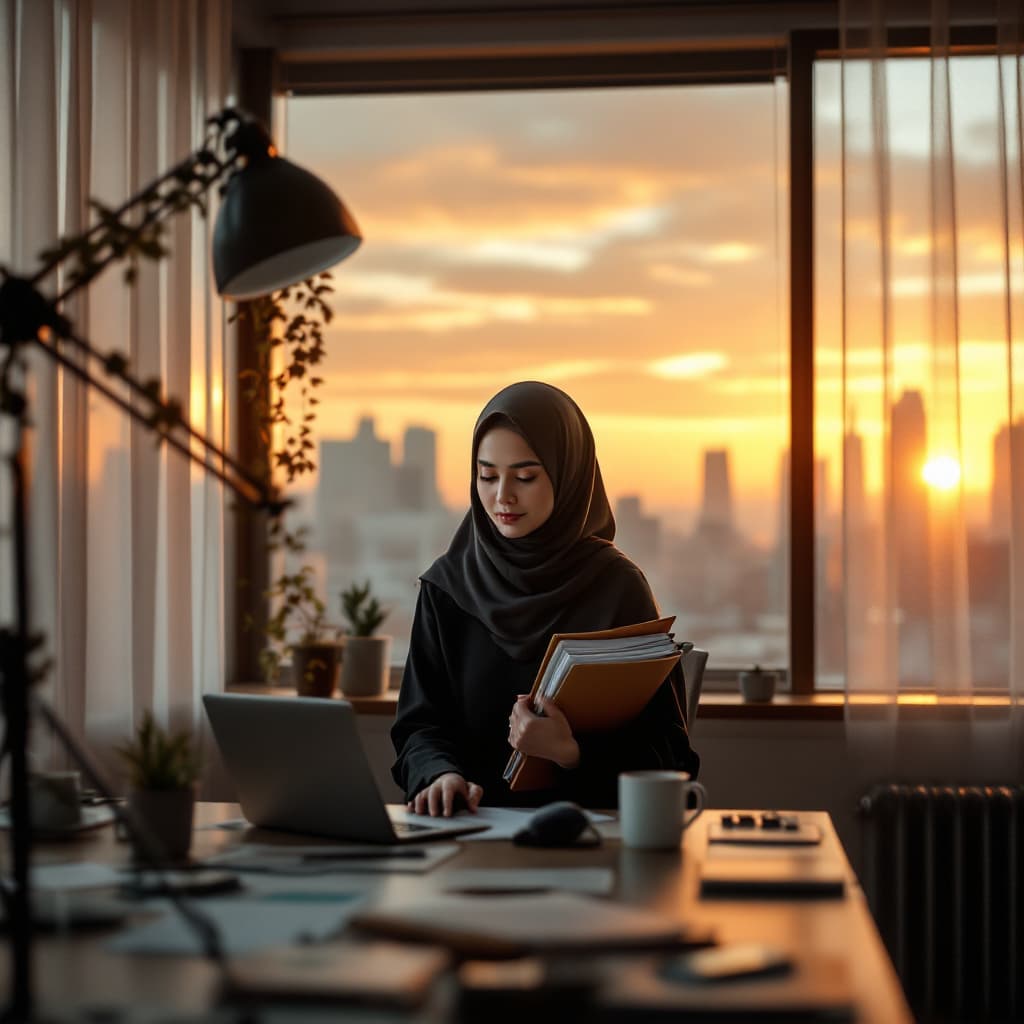 AI generated: Photo of a ultra realistic office,  pale sunrise from window, cinematic lighting, hijab women, hold ...