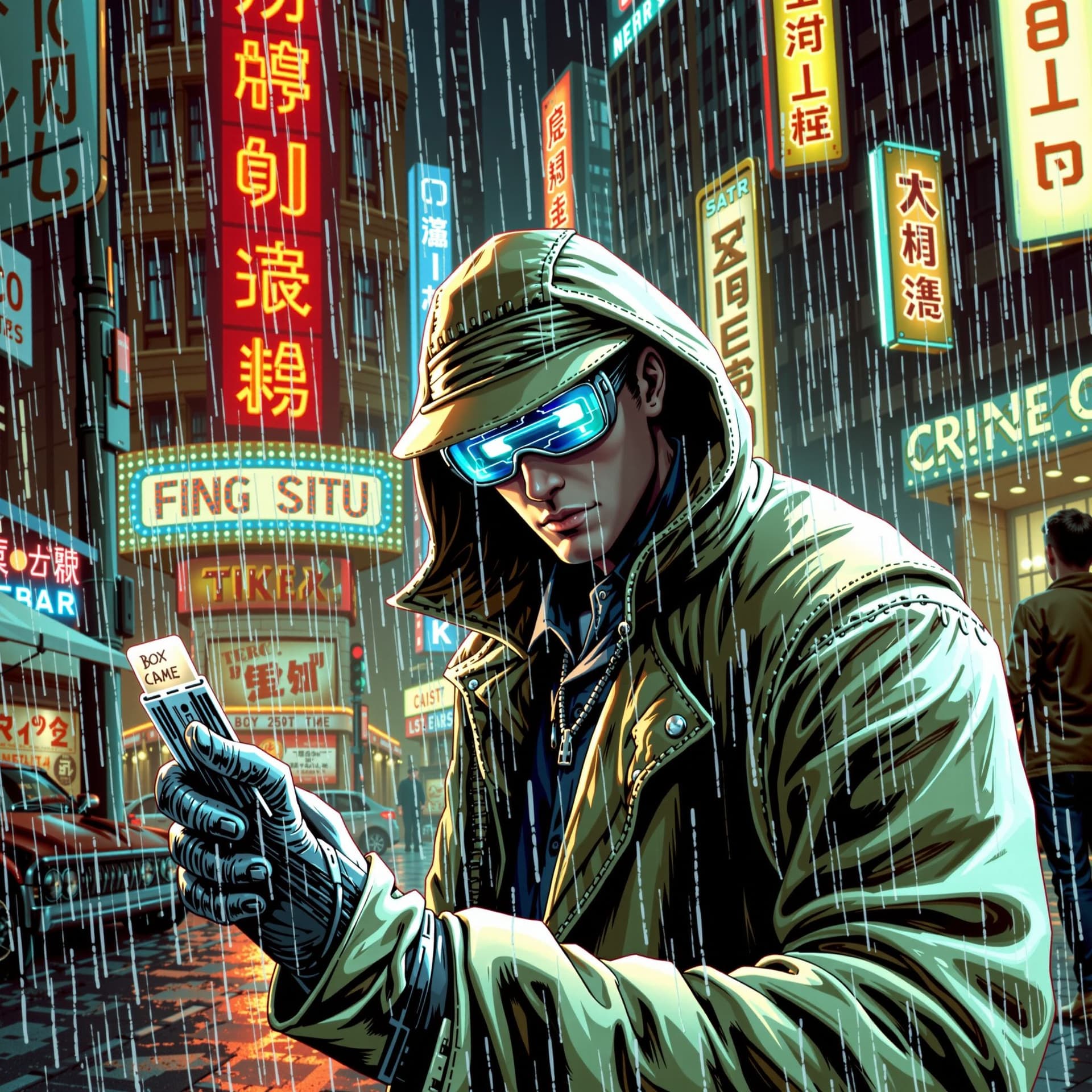 AI generated: Cybernetic detective investigating a crime scene in a dystopian city, rain reflecting the neon signs...