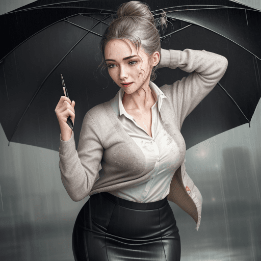 AI generated: A beautiful lady wearing a cardigan and pencil skirt, dancing in heavy rain, face and body are wet, ...