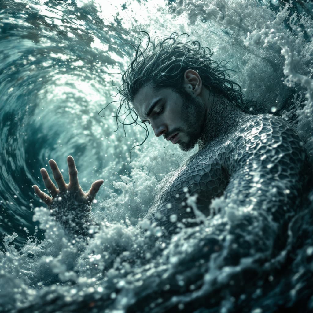 AI generated: Low angle of a graceful male mermaid emerging from the ocean waves, enchanting and mesmerizing, art ...