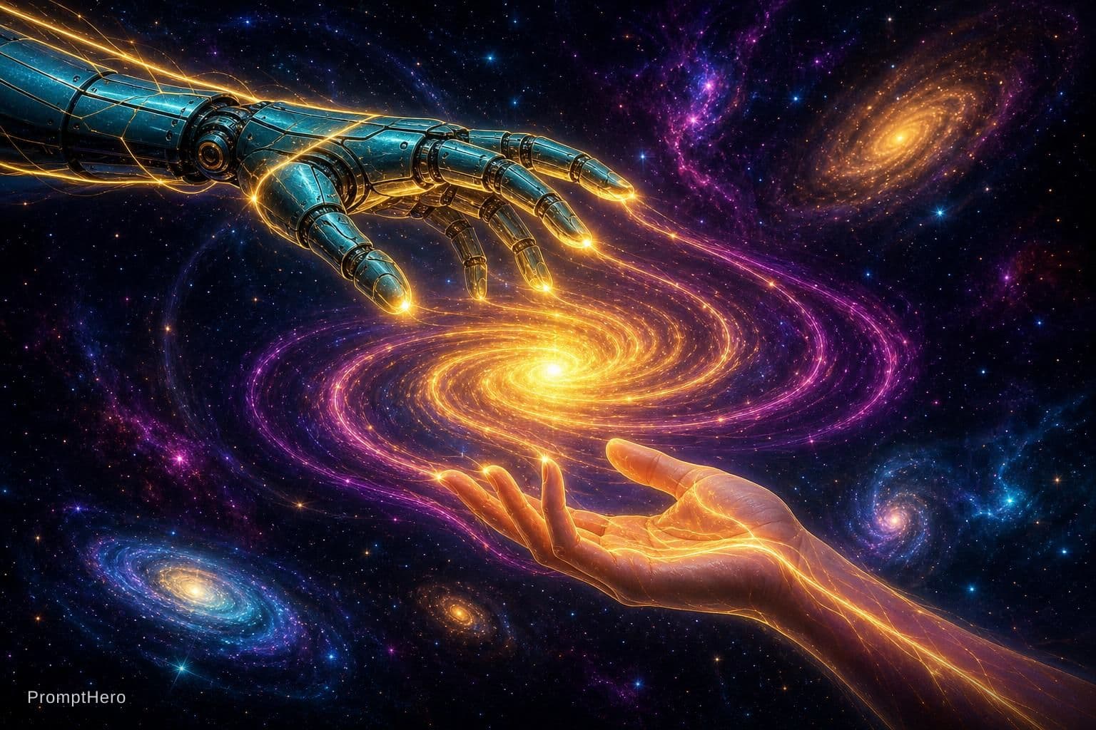 AI generated: 2 Hands. Hand 1: Robot hand, colour turquois metal, relaxed open, palm downward. Hand 2: Human, fema...