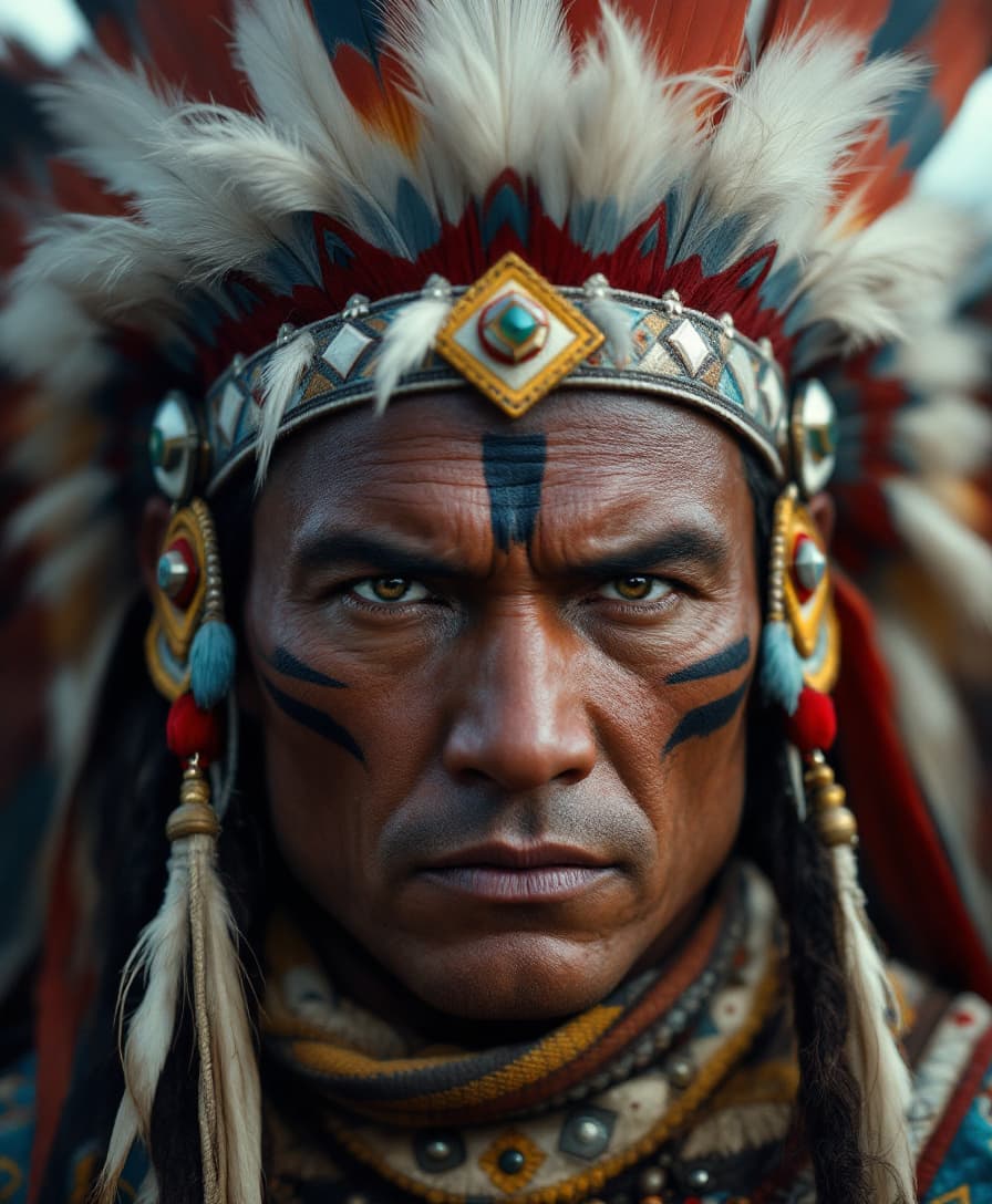 AI generated: cinematic image features a mid shot  of a man with a strong, intense expression. He is adorned in tr...