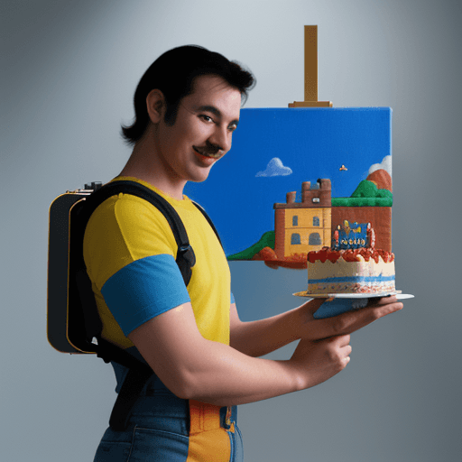 AI generated: Developer looking like super mario, happily taking off a birthday cake thanks to his colorful artifi...