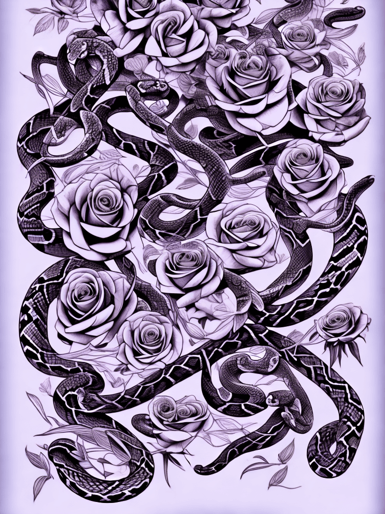 AI generated: snakes, tattoo sketch, smooth transitions, black patterns, more details, more flowers, pions, roses,...